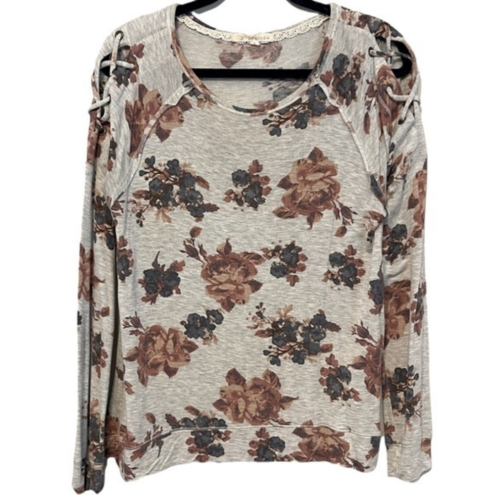 Lg Lace Up Cold Shoulder‎ Floral Sweater Top Should Cut Outs in Heather Grey